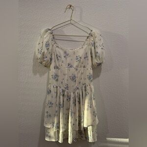 Bec & Xin Floral Cream midi ruffle pleated corset puff sleeve Dress